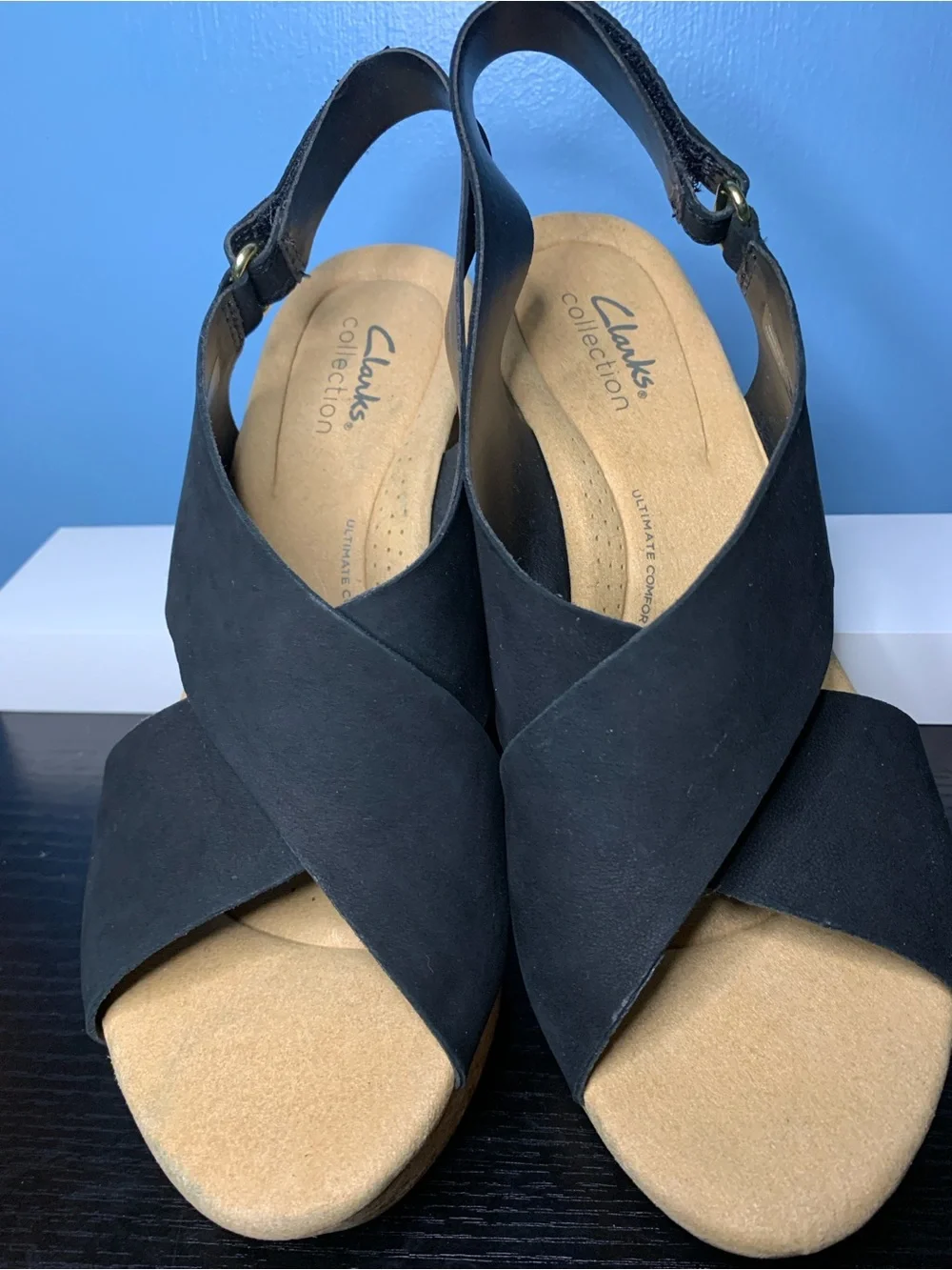 Clarks Black Crisscross Wedge Slingback Sandals